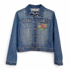 Baccini Embroidered Denim Jacket Size M Floral Back Stretch Jean Jacket